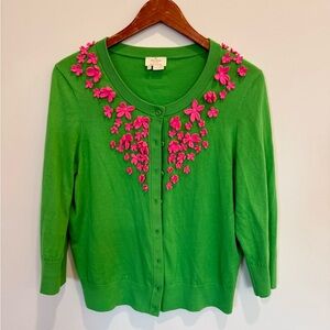Kate Spade New York green 3/4 sleeve cardigan with hot pink flowers. Size XL